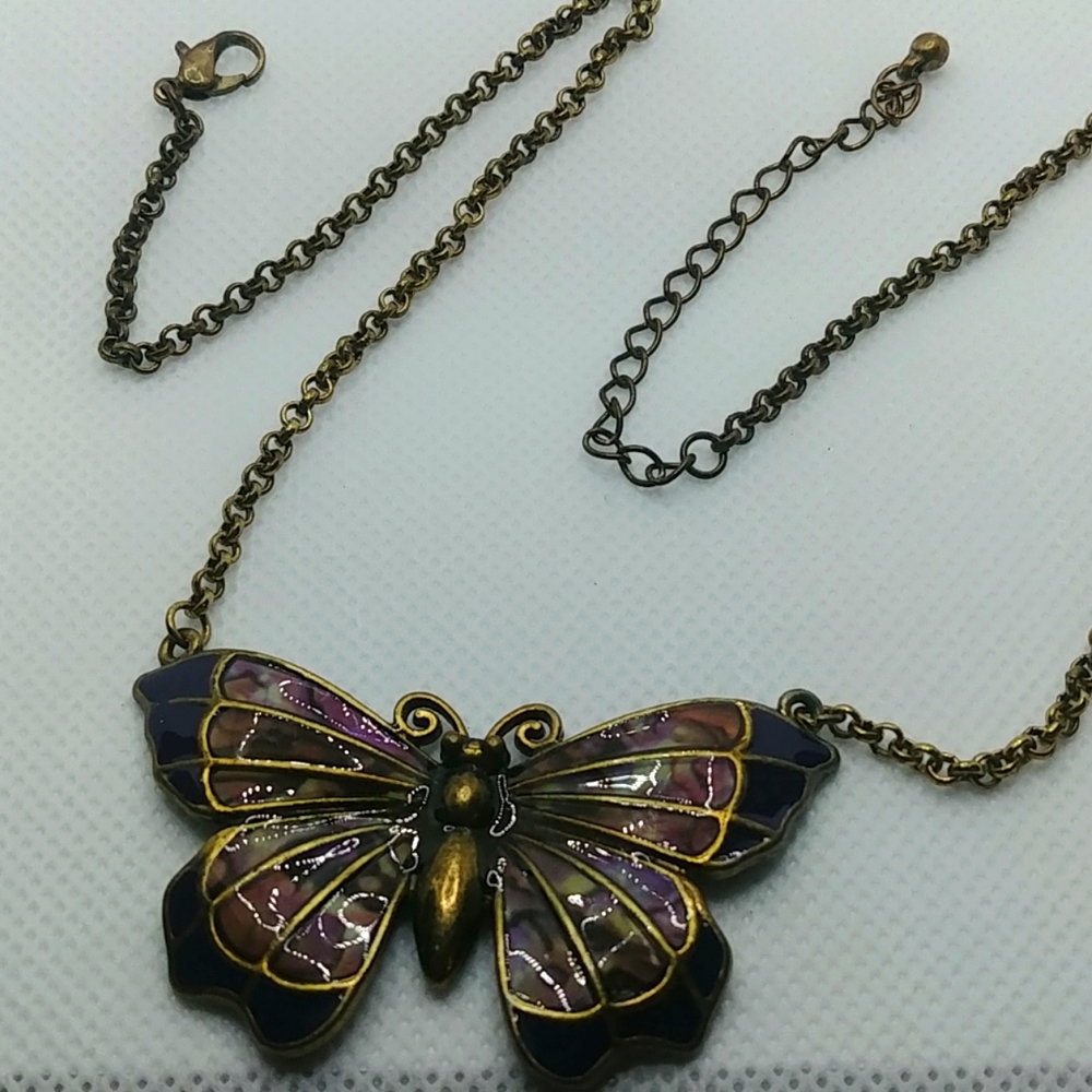 Butterfly art glass necklace on  gold chain